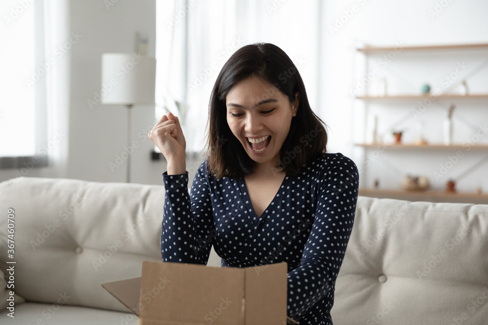 Overjoyed millennial Vietnamese girl sit on couch at home feel euphoric with good quality product unpacking post box, excited Asian woman triumph unboxing internet package order, shopping online Overjoyed millennial Vietnamese girl sit on couch at home feel euphoric with good quality product unpacking post box, excited Asian woman triumph unboxing internet package order, shopping online