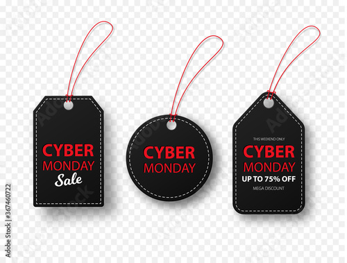 Cyber Monday sale discount tags. Advertising advertisement of sales rebates of cyber Monday for commercial advertising.