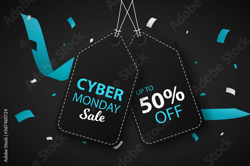 Cyber Monday sale bages on dark backround with blue confetti. For commercial advertisingdis