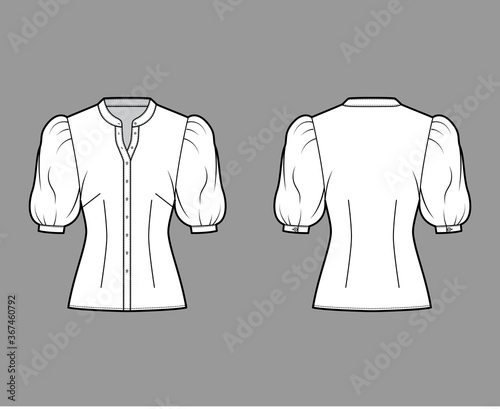 Stand collar shirt technical fashion illustration with elbow puff sleeve, front button-fastening, fitted silhouette. Flat apparel blouse template front back white color. Women, men unisex top mockup