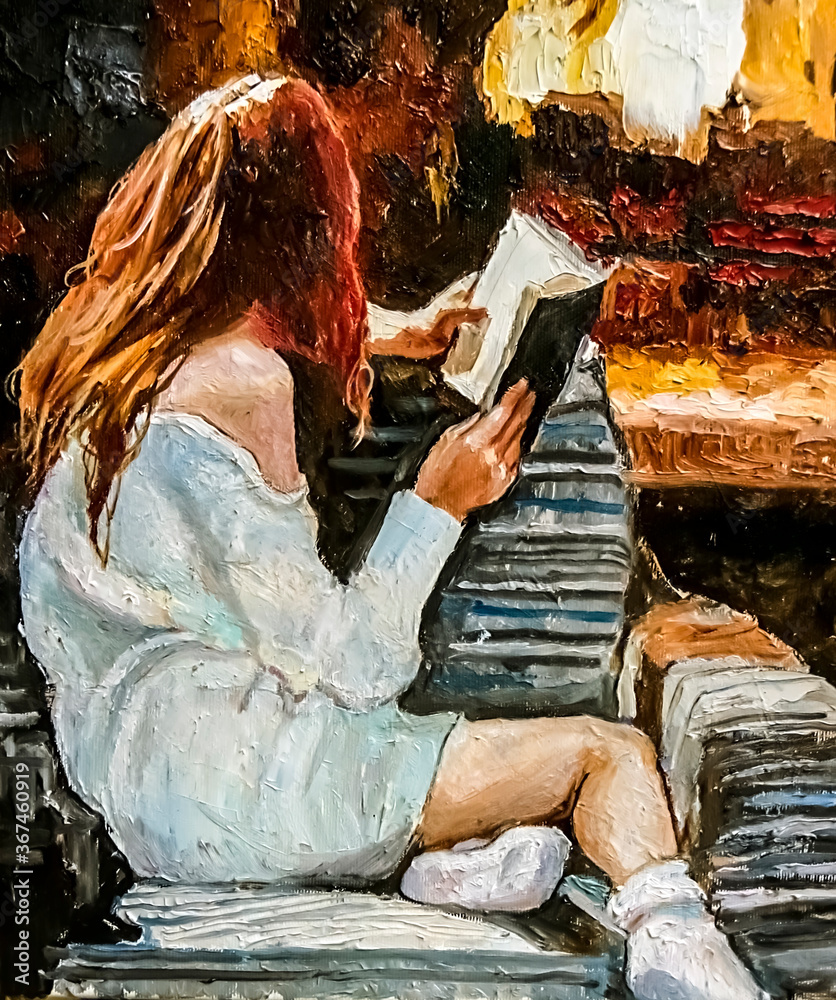 Young girl comfortably sits on a sofa and reads a book near the fireplace.  Oil painting on canvas. Stock Illustration | Adobe Stock