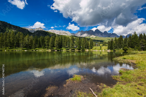 Summer view of San Pellegrino lake in San Pellegrino pass  a high mountain pass in the Italian Dolomites