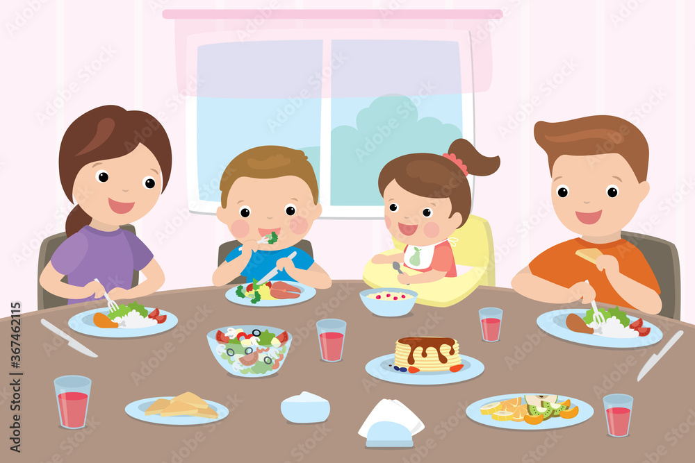 Happy family eats at the table. Cartoon Parents with children have breakfast. Healthy food concept. Happy family eats at the table. Cartoon Parents with children have breakfast. Healthy food concept.