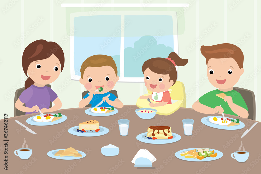 Happy family eats at the table. Cartoon Parents with children have breakfast. Healthy food concept. Happy family eats at the table. Cartoon Parents with children have breakfast. Healthy food concept.
