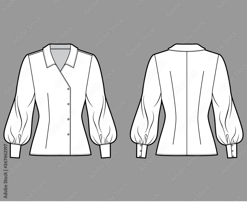 Vecteur Stock Blouse technical fashion illustration with regular collar,  long bishop sleeves, fitted body, double breasted. Flat apparel template  front back white color. Women men unisex CAD garment designer mockup | Adobe