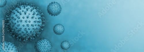 Viruses are floating on a blue background. Digital illustration.