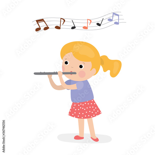 Beauty caucasian girl playing the flute. Cartoon schoollgirl with wind musical instrument