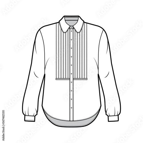 Shirt technical fashion illustration with bib, button down front opening, round collar, long sleeves with cuff, oversized body. Flat apparel template front white color. Women, men unisex CAD mockup