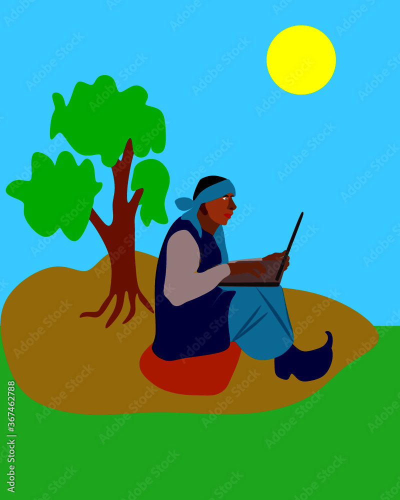 An indian village old poor farmer man cartoon operating laptop on natural  field at beautiful background. Stock Vector | Adobe Stock