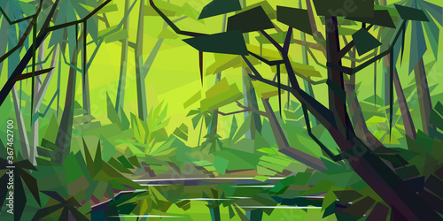 Low poly rainforest landscape. River with reflection in dense jungle. Horizontal vector illustration