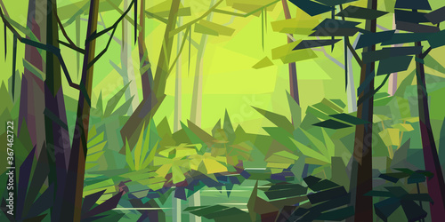 Low poly jungle landscape. Beautiful lake with reflection in dense rainforest. There are ferns, vines on trees and other plants. Horizontal vector illustration