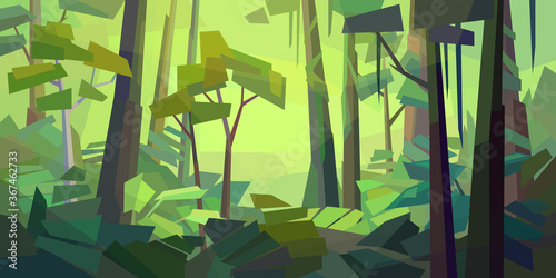 Low poly tropical landscape. Beautiful rainforest with dense ferns and trees. Horizontal vector illustration