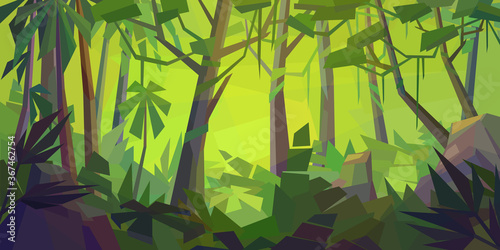 Low poly tropical landscape. Beautiful jungle with palms, ferns, vines and rocks. Horizontal vector illustration