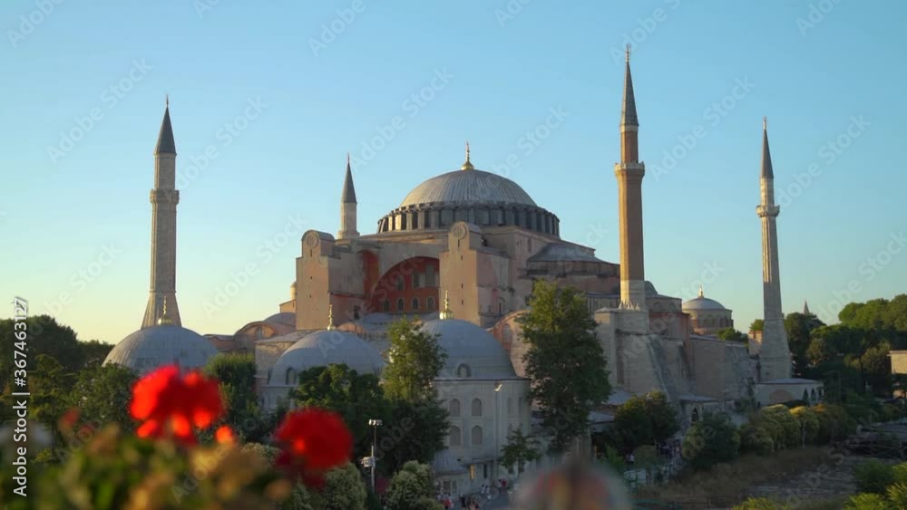 Aerial view of Sultan Ahmed Mosque Madrasah in Istanbul with the blue sky.  4K Footage in Istanbul Turkey
