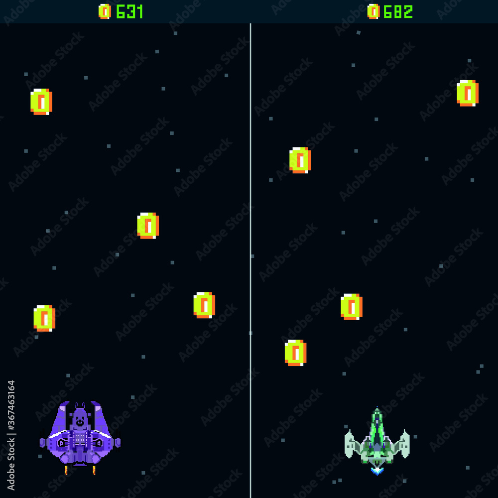 Pixel space game with coins. Pixel art, arcade game. template. A retro  8-bit game inspired by the trendy 90s. Space place. Battles under the  stars. Old computer games. vector illustration Stock Vector