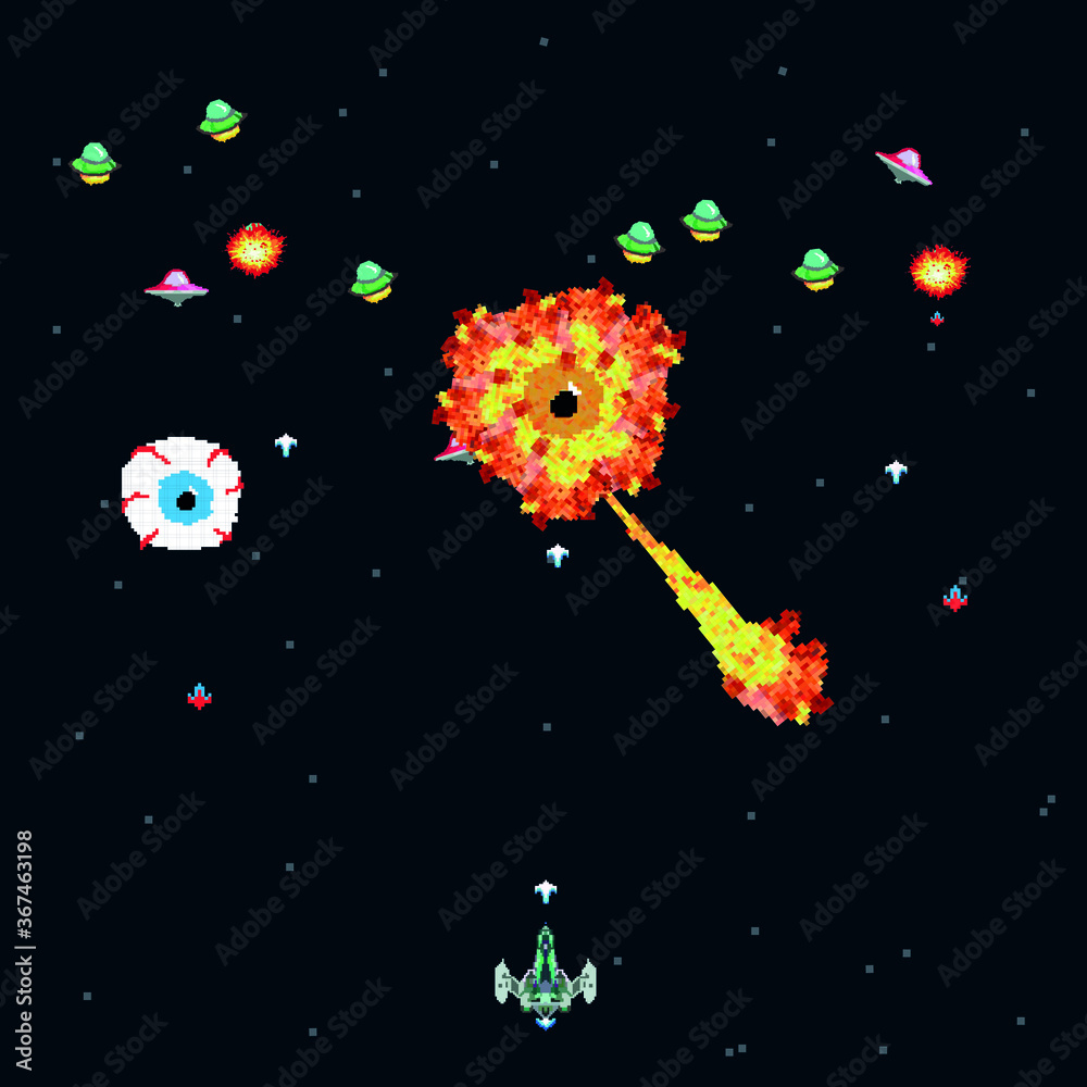 Boss battle in retro video games. military ships arcade, shooting, map background, vector graphic design illustration. 16 bit, 8 bit. Space Battles under the stars