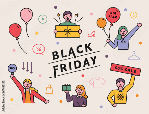 Black Friday Promotion Poster. People are holding various items with a pleasant look. flat design style minimal vector illustration.