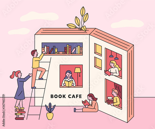 People reading books in book shaped book cafe windows. flat design style minimal vector illustration.