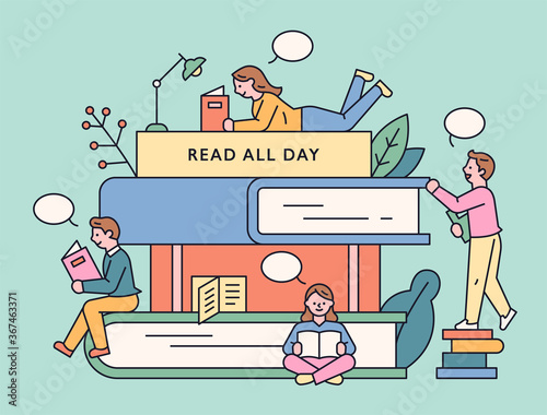 Huge books are piled up and people are sitting around and reading books. flat design style minimal vector illustration.