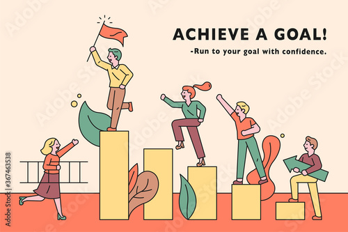 People are climbing the stairs towards the goal. flat design style minimal vector illustration.