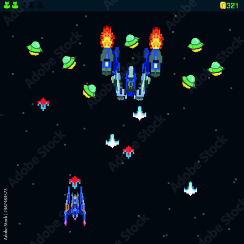 Boss battle in retro video games. military ships arcade, shooting, map background, vector graphic design illustration. 16 bit, 8 bit. Space Battles under the stars. Old computer games. Vector