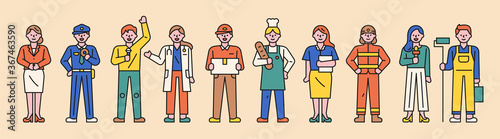 Cute characters in uniforms for each occupation stand. flat design style minimal vector illustration.