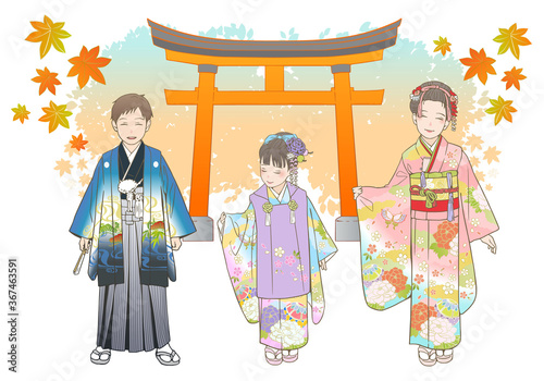 七五三　手描きベクターイラストセット