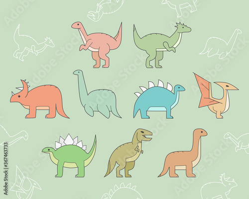 Dinosaurs Icons set - Vector color symbols and outline of triceratops, stegosaurus, tyrannosaurus and other animals of the Jurassic period for the site or interface