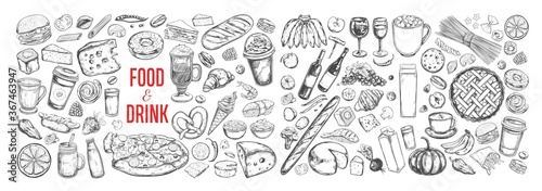 Fototapeta Naklejka Na Ścianę i Meble -  Big vector set of drink and food ingredients. Dairy, bakery, coffee, wine, vegetables etc. Hand drawn sketches. Isolated objects