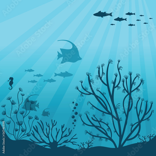 Underwater ocean. Underwater sea fauna with coral reef, seaweed, plants and fishes silhouettes. Undersea world vector illustration. Beautiful marine ecosystem and wildlife on bottom in blue ocean.