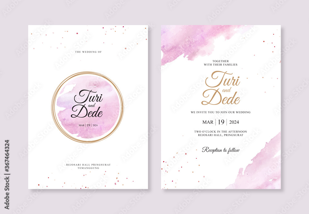 Fototapeta premium Gold circles and watercolor splashes for wedding invitation templates