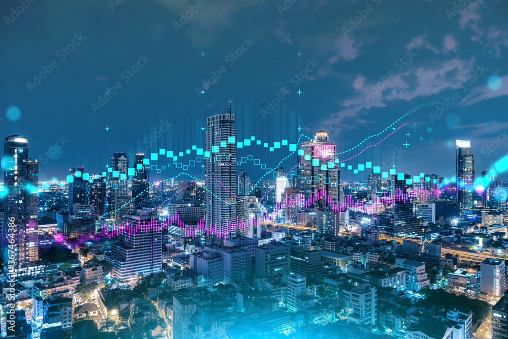 Fototapeta premium FOREX graph hologram, aerial night panoramic cityscape of Bangkok, the developed location for stock market researchers in Asia. The concept of fundamental analysis. Double exposure.
