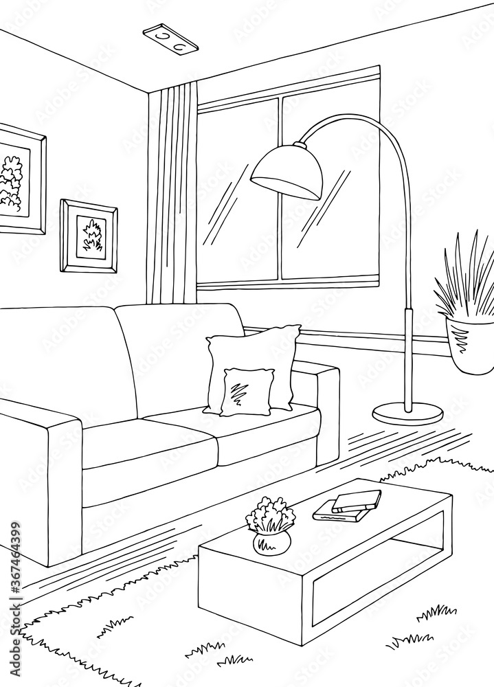 Living room graphic black white home interior vertical sketch illustration vector
