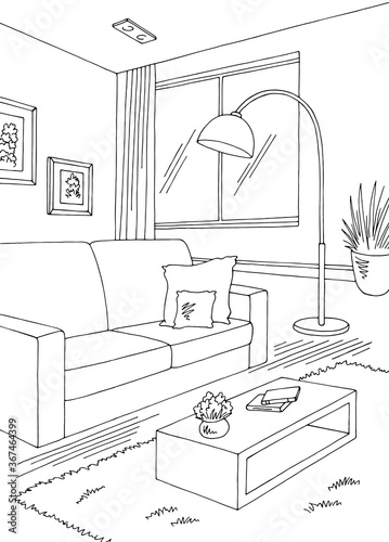 Living room graphic black white home interior vertical sketch illustration vector