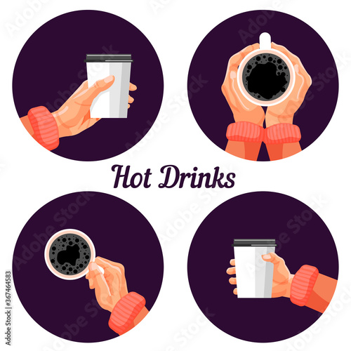 Hot drinks labels set. Human hand holding paper cup of coffee cartoon vector illustration. Ceramic mug with hot drink, coffee time concept. Takeaway hot beverage isolated stickers for cafeteria design