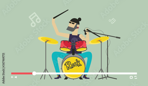 Musician play drums. Videostream of music festival and online entertainment event vector illustration. Bearded man play drums solo. Videocast and sharing online video with rock band musician.