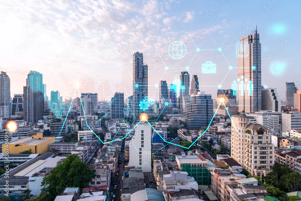 Obraz premium Hologram of Research and Development glowing icons. Sunset panoramic city view of Bangkok. Concept of innovative technologies to create new services and products in Asia. Double exposure.