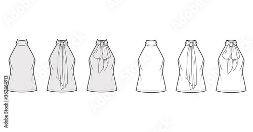 Halterneck top technical fashion illustration with semi-fitted body, ties pussy-bow at neck, sleeveless. Flat blouse apparel template front, back, white grey color. Women, men unisex shirt CAD mockup