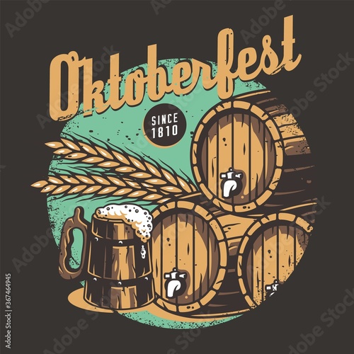 T-shirt print with beer mug, barrel and barley
