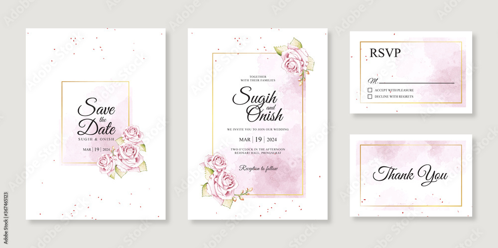 Watercolor splash and flower hand painting for a gorgeous wedding invitation card template