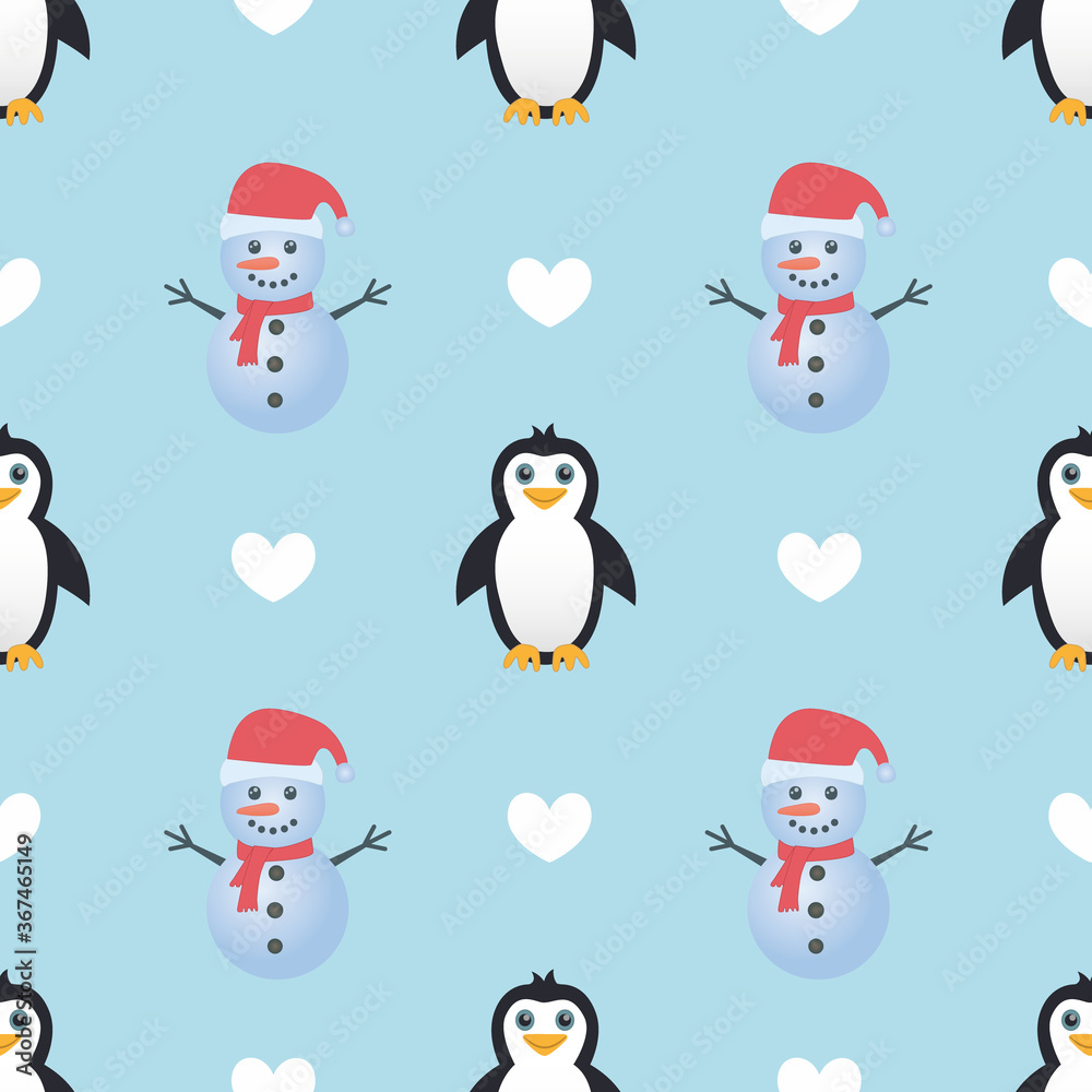 Cute penguin and snowman seamless pattern vector on light blue background.