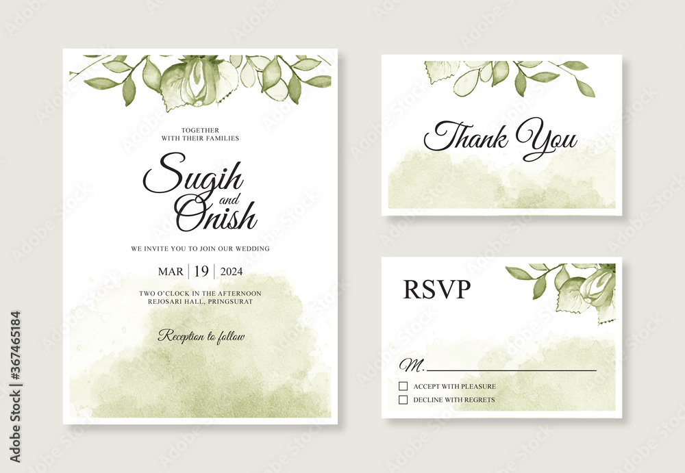 Watercolor splash and leaf hand painting for wedding card invitation templates