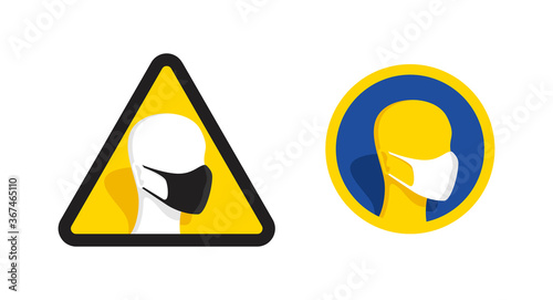 Face mask required prevention sign - human with medical mask in triangular and circular frame - isolated vector information picture