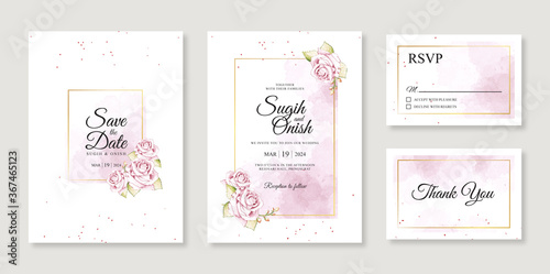Watercolor splash and flower hand painting for a gorgeous wedding invitation card template
