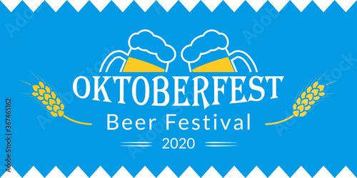 Oktoberfest banner design. Beer fest in October logo with two beer mugs. German festival poster, sign, flyer, invitation card template. Vector illustration.