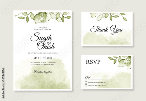 Watercolor splash and leaf hand painting for wedding card invitation templates