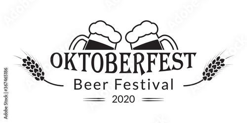 Oktoberfest banner design. Beer fest in October logo with two beer mugs. German festival poster, sign, flyer, invitation card template. Vector illustration.