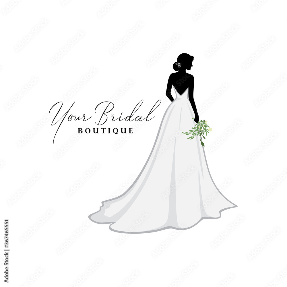Beautiful Bride with Flower Bouquet, Bridal Boutique Logo, Bridal Brocade Gown Logo Vector Design Template