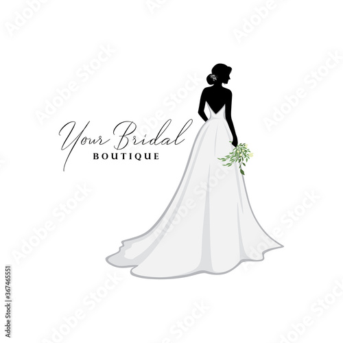 Beautiful Bride with Flower Bouquet, Bridal Boutique Logo, Bridal Brocade Gown Logo Vector Design Template