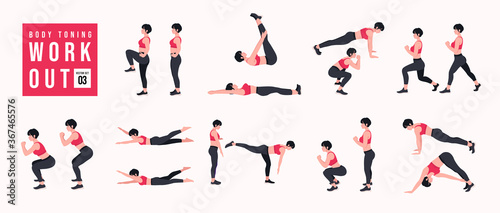 Body Toning Workout Set. Women doing fitness and yoga exercises. Lunges, Pushups, Squats, Dumbbell rows, Burpees, Side planks, Situps, Glute bridge, Leg Raise, Russian Twist, Side Crunch .etc © Vipin